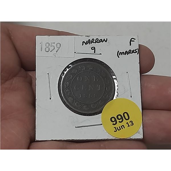1859 Canadian Large One Cent - "Narrow 9".