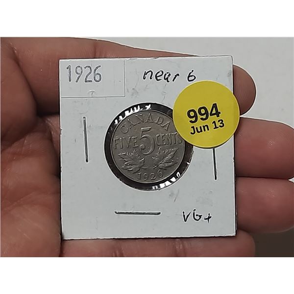 1926 Canadian 5 Cents - "Near 6".