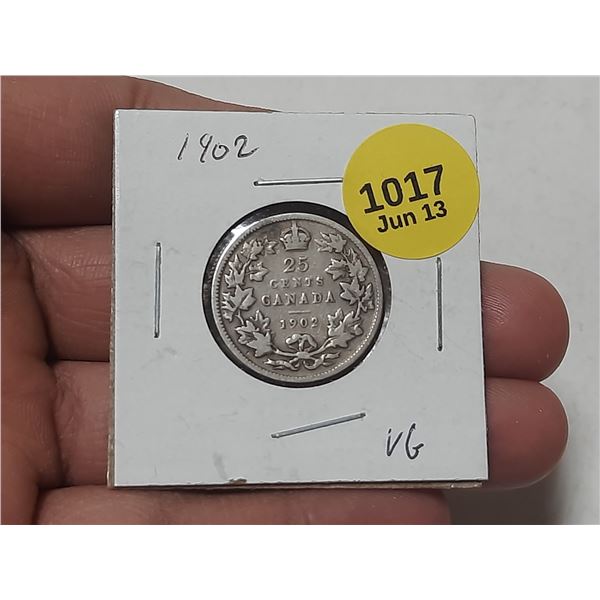 1902 Canadian Silver 25 Cents.