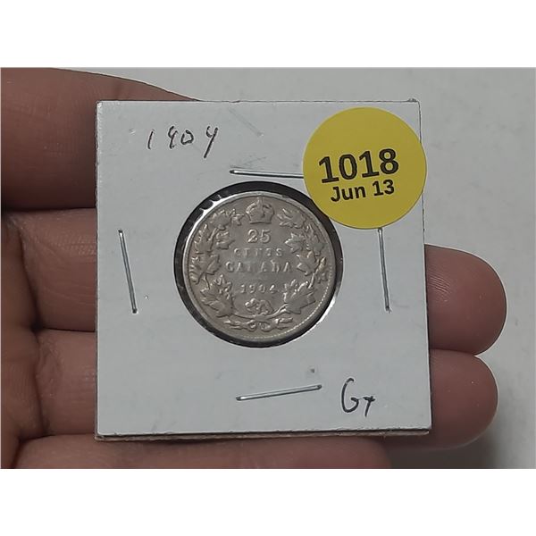 1904 Canadian Silver 25 Cents.