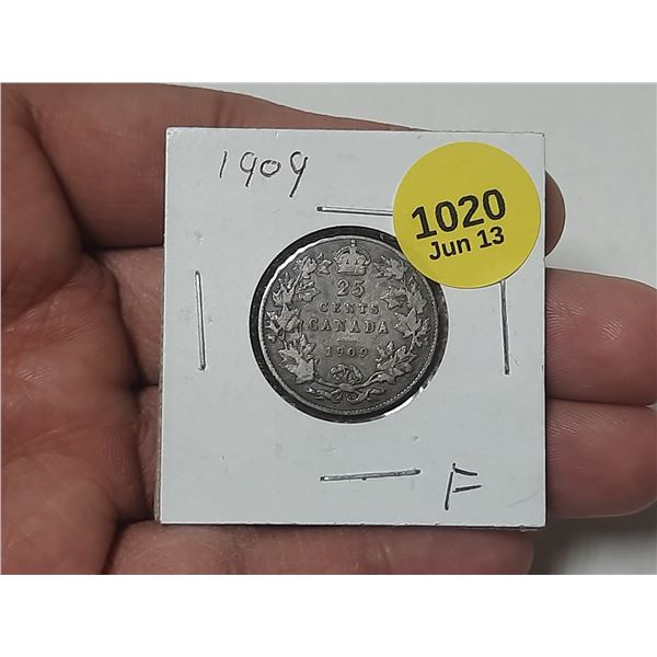 1909 Canadian Silver 25 Cents.