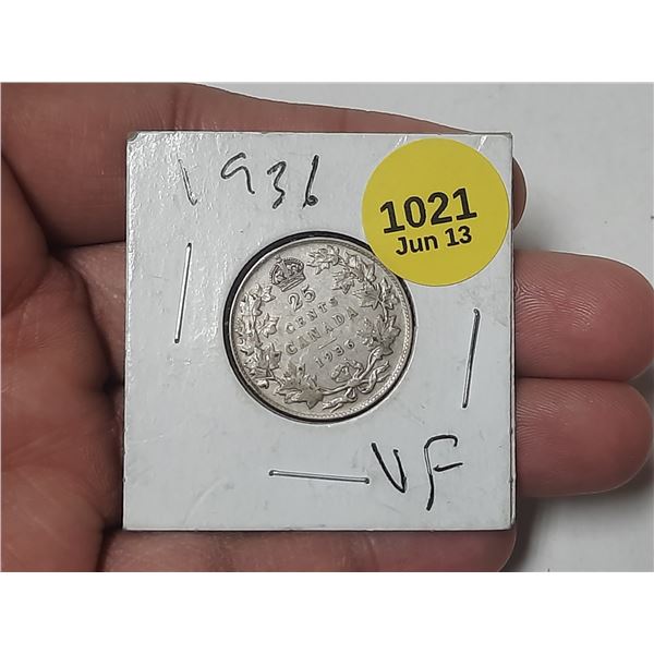1936 Canadian Silver 25 Cents.