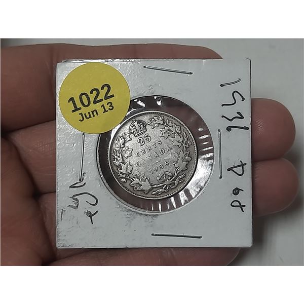 1936 Canadian Silver 25 Cents.