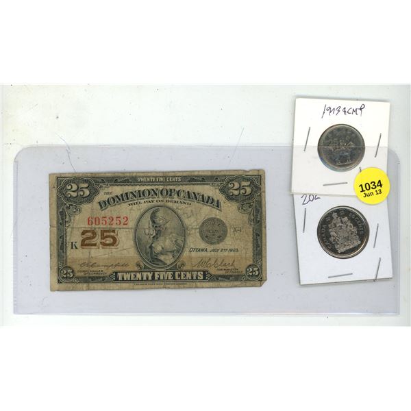 1923 Dominion of Canada 25-Cent Shinplaster,  1973 Canada 25 Cents and 2023 Canada 50 Cents.