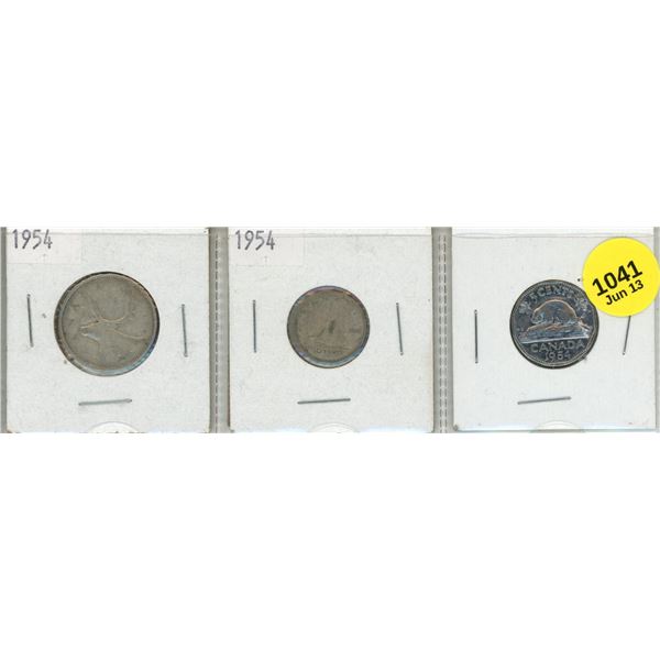 1954 Canadian Silver 25 Cents, Silver 10 Cents and 5 Cents.