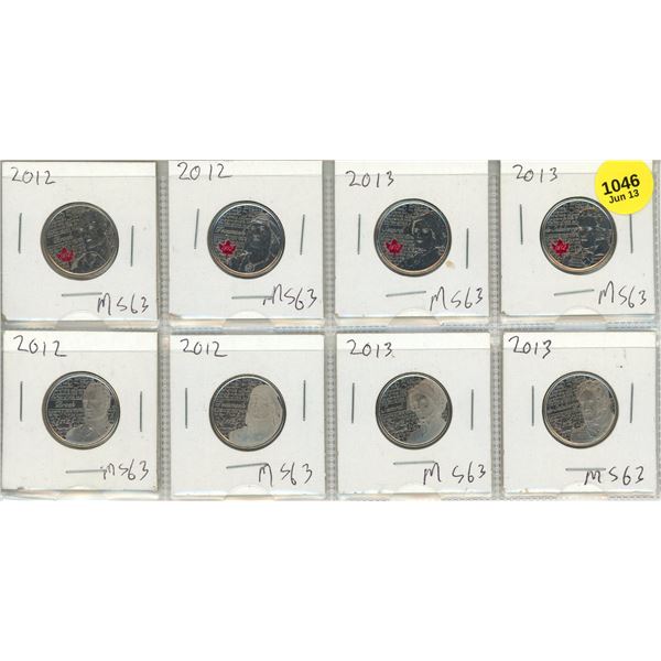 Set of 8 Canadian 25-cent coins commemorating the War of 1812, featuring both coloured and non-colou