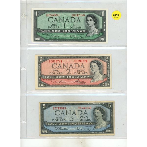 1954 Canada One, Two and Five Dollars.
