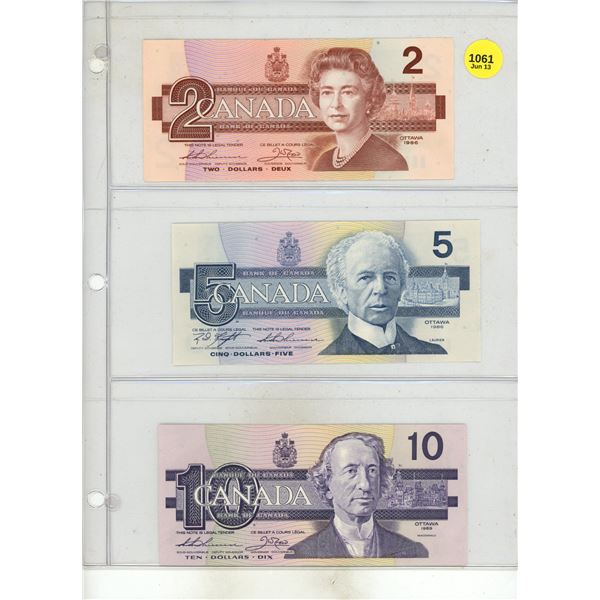 1986 Canada Two, 1986 Canada Five, 1989 Canada Ten Dollars.