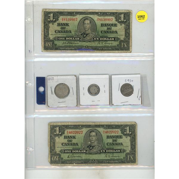 (2) 1967 Canada One Dollars, 1937 Canada Silver 25 Cents, Silver 10 Cents and Five Cents.