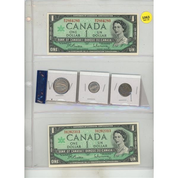(2) 1967 Canada One Dollars, 1967 Canada Silver 25 Cents, Silver 10 Cents and 5 Cents.