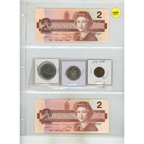 (2) 1986 Canada Two Dollars and 1986 Canada One Dollar and 50 Cents, 1943 Canada 5 Cents.