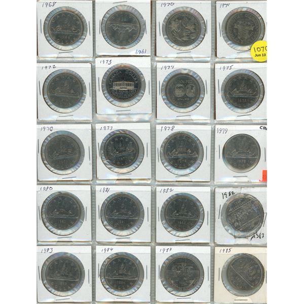 Sheet of Canadian One Dollar 1968-1987. (It Incudes (2) 1982, (2) 1984) (Total Coins -22)