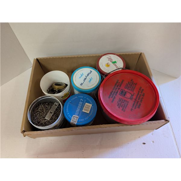 Box full of Nails, Bolts, Nuts , and etc. In Tobacco Tins