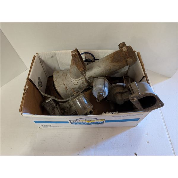 Box of Antique AC Fuel Pumps and Etc. As Shown