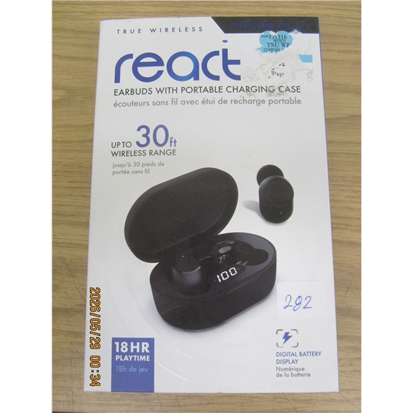 React Wireless Blue Tooth Ear Buds with Original Box and Accessories Like New Condition