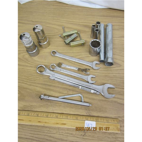 Hand Tool Lot Battery Cleaners ,Sockets, Wrenches Tire Gauge