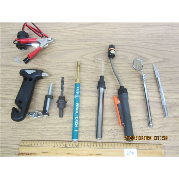 Lot of Hand Tools Glass Breaker , Pencil Torch , Knife, Lights Ect.