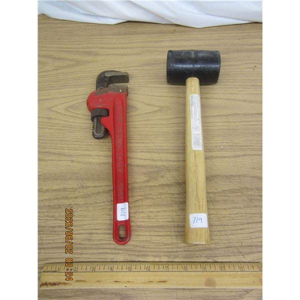 12 Inch Pipe Wrench and a Rubber  Mallet