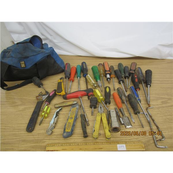 Large Lot of Tools, Screw Drives, Utility Knife, Wrenches all in a Tote Bag