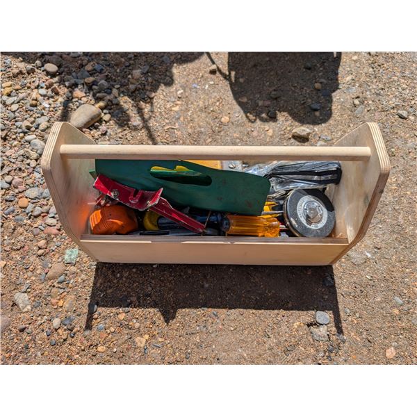 Vintage Designed Wood Tool Box w/ misc. Tools As Shown