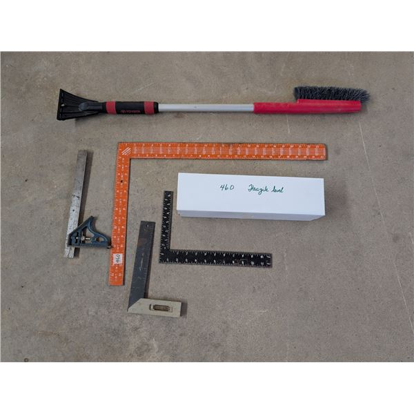 460: Two Squares and two Other Measuring Tools + torpedo Level + TOYOTA windshield snow brush & scra