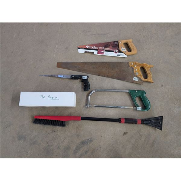 462: One large Vermont, American saw + green handle Disston No. 388 saw, Made in Canada + black hand