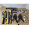 Image 1 : 465: Two 10 inch Pipe Wrenches (one MASTERCRAFT) + 2 Ratching Clamps + 2 Spring Clamps + 2 C clamps.