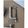 Image 4 : 465: Two 10 inch Pipe Wrenches (one MASTERCRAFT) + 2 Ratching Clamps + 2 Spring Clamps + 2 C clamps.