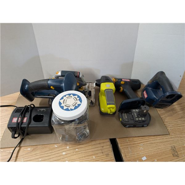 469: RYOBI Cordless Tools: Circular Saw, Battery Charger and Battery, Sander, Drill, Flashlight with