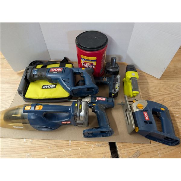 470: RYOBI Cordless Products: Hand-held Vacuum Cleaner, Reciprocal Saw, Drill, Jigsaw, 2 Flashlights