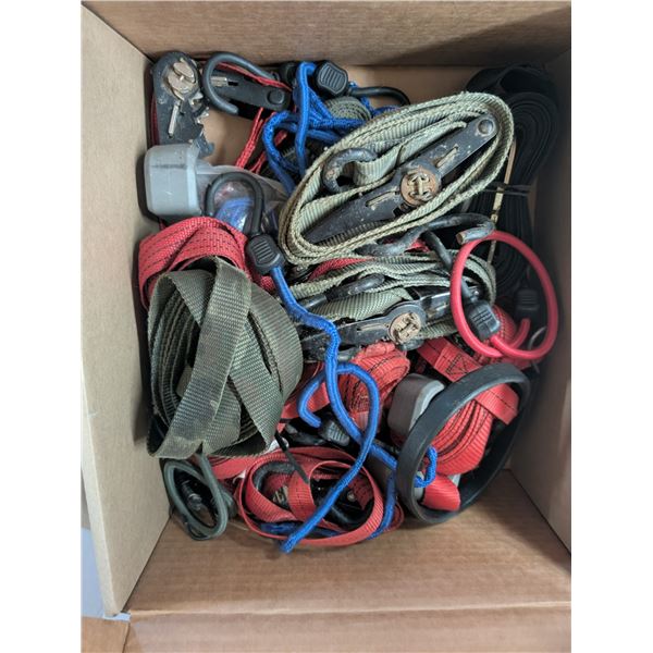474: Container of Ratchet Tie Down Straps and some Rubber Tie Downs.