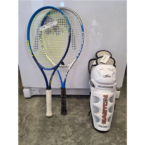 (2) tennis Rackets, (2) Shin pads