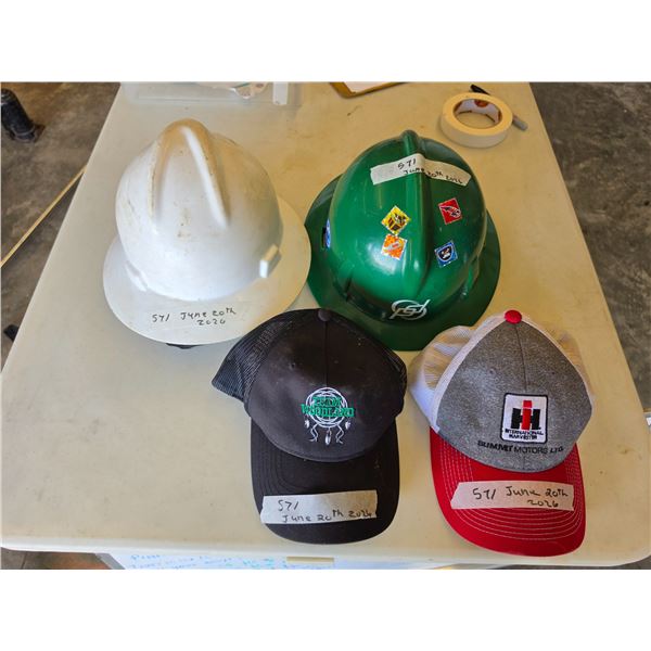 (2) hard Hats, (2) baseball Caps