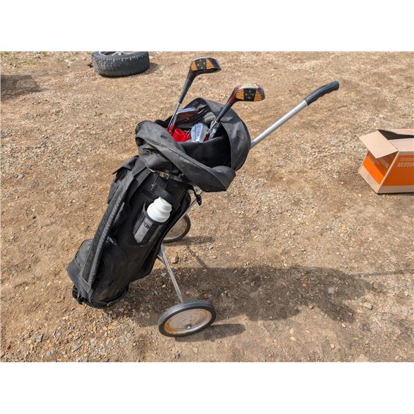 Vintage Fold in Rolling Golf Bag w/ Campbells Drivers, and etc.