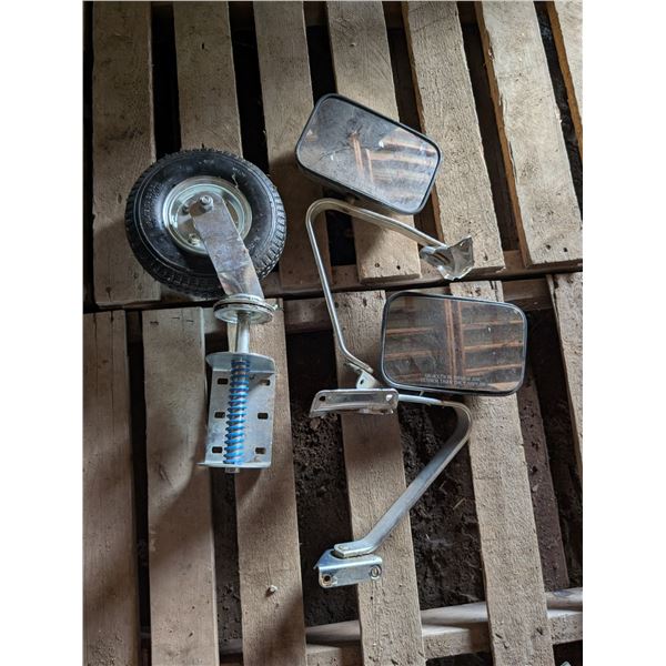 (2) Vintage Truck Rear Mirrors and (1) Large Cart Wheel