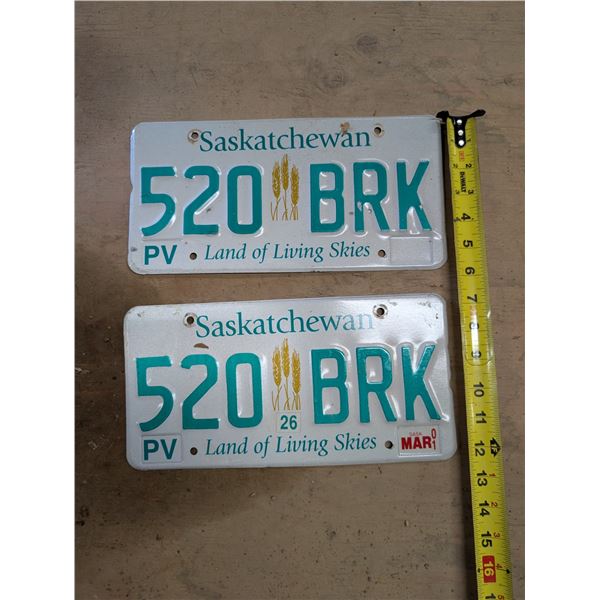 (2) Matching Sask License Plates 2001 520-BRK