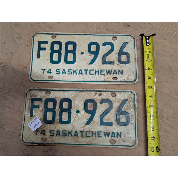 (2) Matching Sask License Plates 1974 F88-926