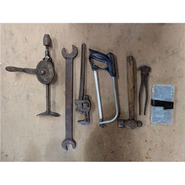 Box of Vintage Tools (Hammer, pipe Wrench, Saw, and etc.)