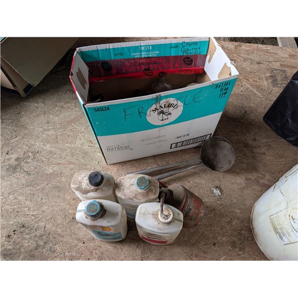 Vintage Oiler w/ Snowmobile Oil and box of Misc. Vintage Glass