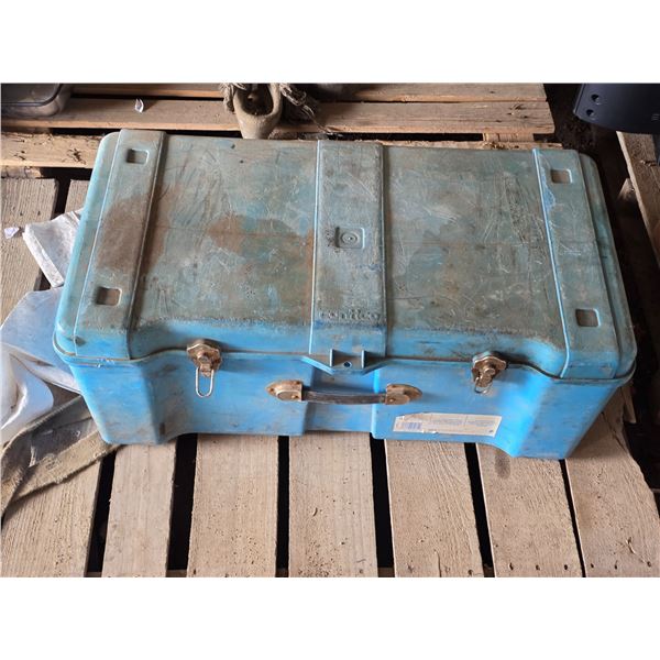 Blue crate filled with various tools and hardware