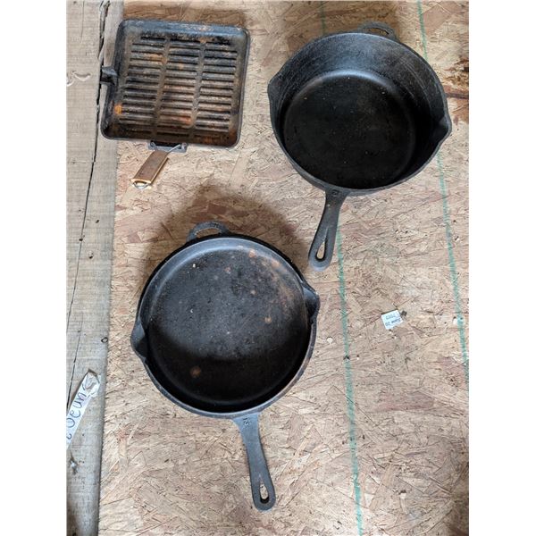 (3) Cast Iron Skillets (2) Cabela's (1) griddle