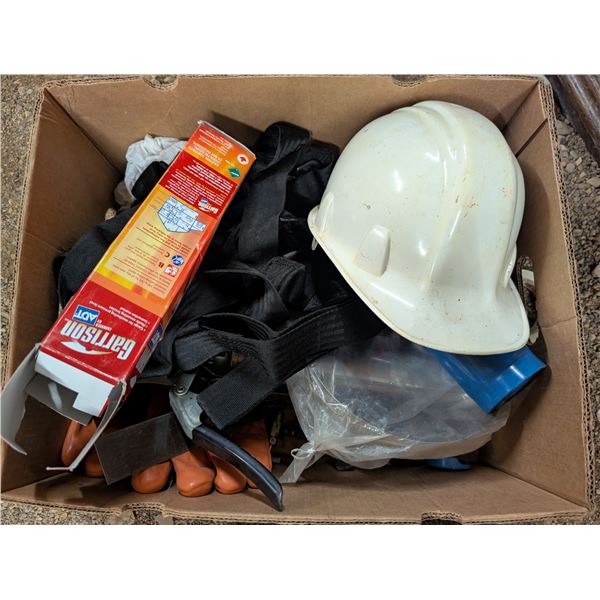Box of Misc. Hardware (Hard Hat, gloves, Blow Torch, and etc.)
