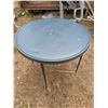 Image 1 : round folding card table, 4 legs, some damage to vinyl top