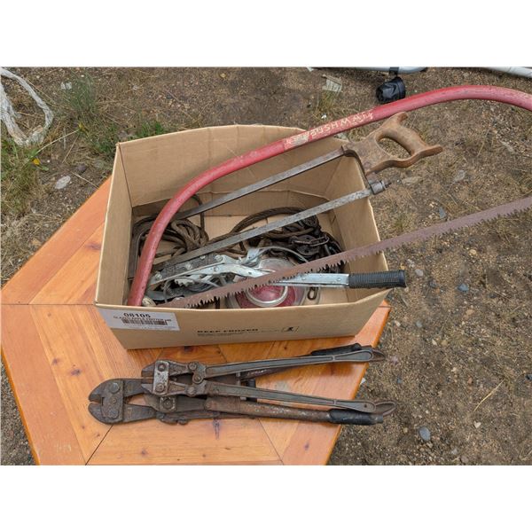 box of mixed tools, hand winch, bolt cutters, saws