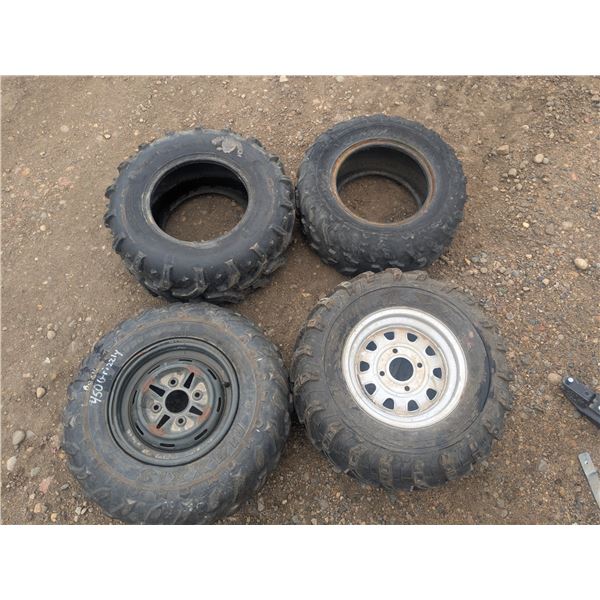 4 ATV tires, 2 with rims, 2 without, mixed size, quality and treads