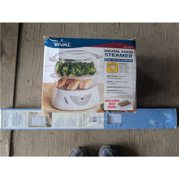 Digital food steamer with original box - working, and 35.5" mini-blinds