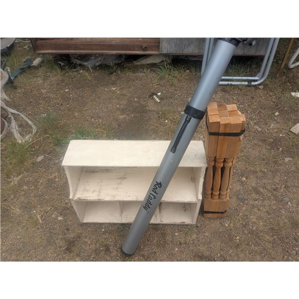 Rod caddy, stair ballusters, wooden shoe rack