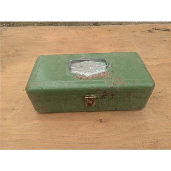 vintage tin tackle box/first aid kit approx 12"x6"x3"
