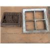 Image 1 : 2 vintage windows, no glass, 20.5"x20.5", with 8"x8" pane openings, 1 cast iron vent cover, 13"x16"x