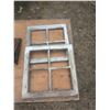 Image 2 : 2 vintage windows, no glass, 20.5"x20.5", with 8"x8" pane openings, 1 cast iron vent cover, 13"x16"x